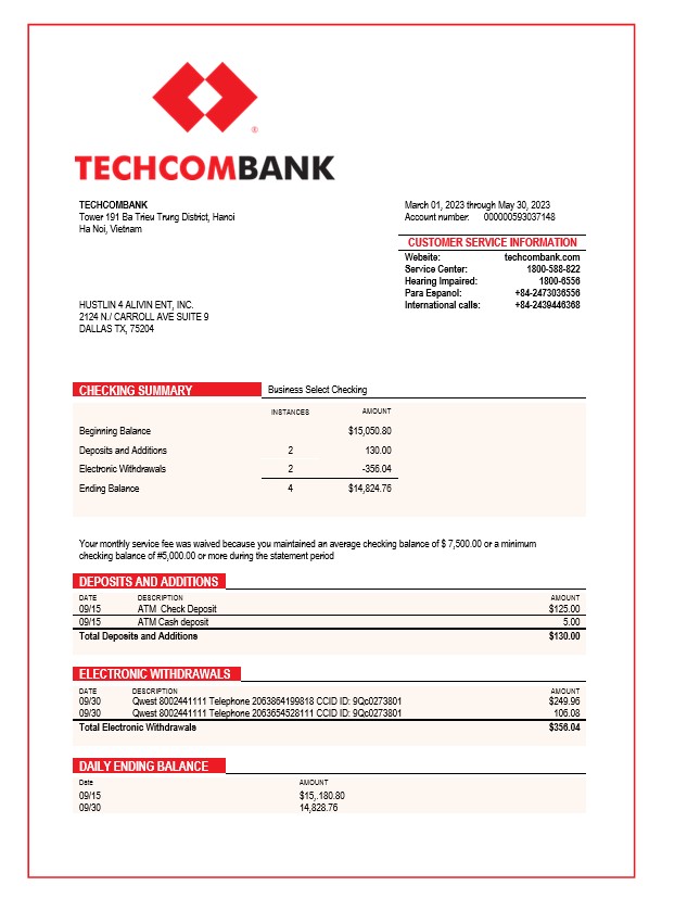 Modèle Word et PDF de relevé de compte courant d'entreprise Techcombank